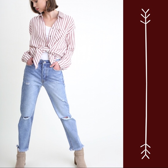 Umgee Denim - Umgee Distressed 5-pocket Boyfriend Blue Jeans